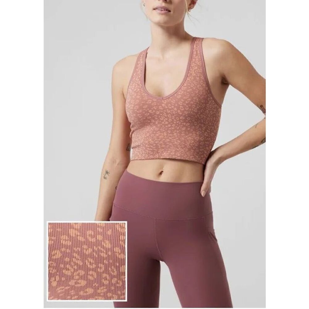 Athleta Aurora Crop Rib Tank Ocelot Spot Bright Peach Animal Print Size S